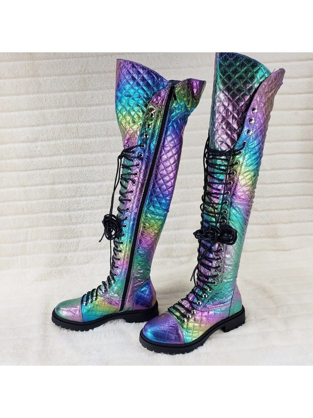 Travis Festive Quilted Metallic Rainbow Corset Lace Over the Knee Boots - Picture 5 of 11